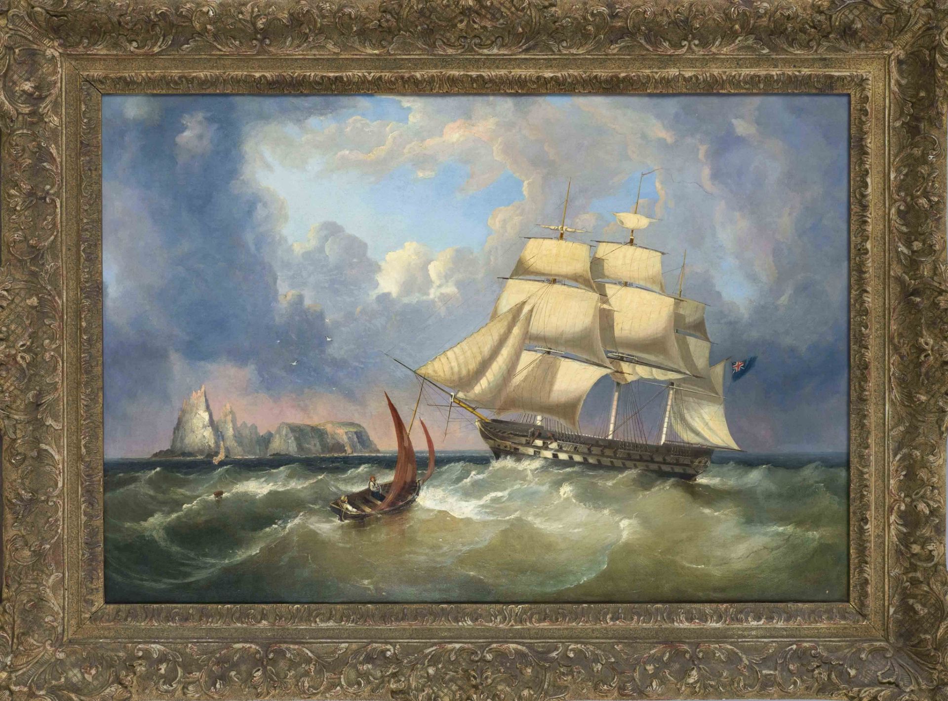 English marine painter of the 19th century, dramatic seascape with tall ship off the Isle of Wight