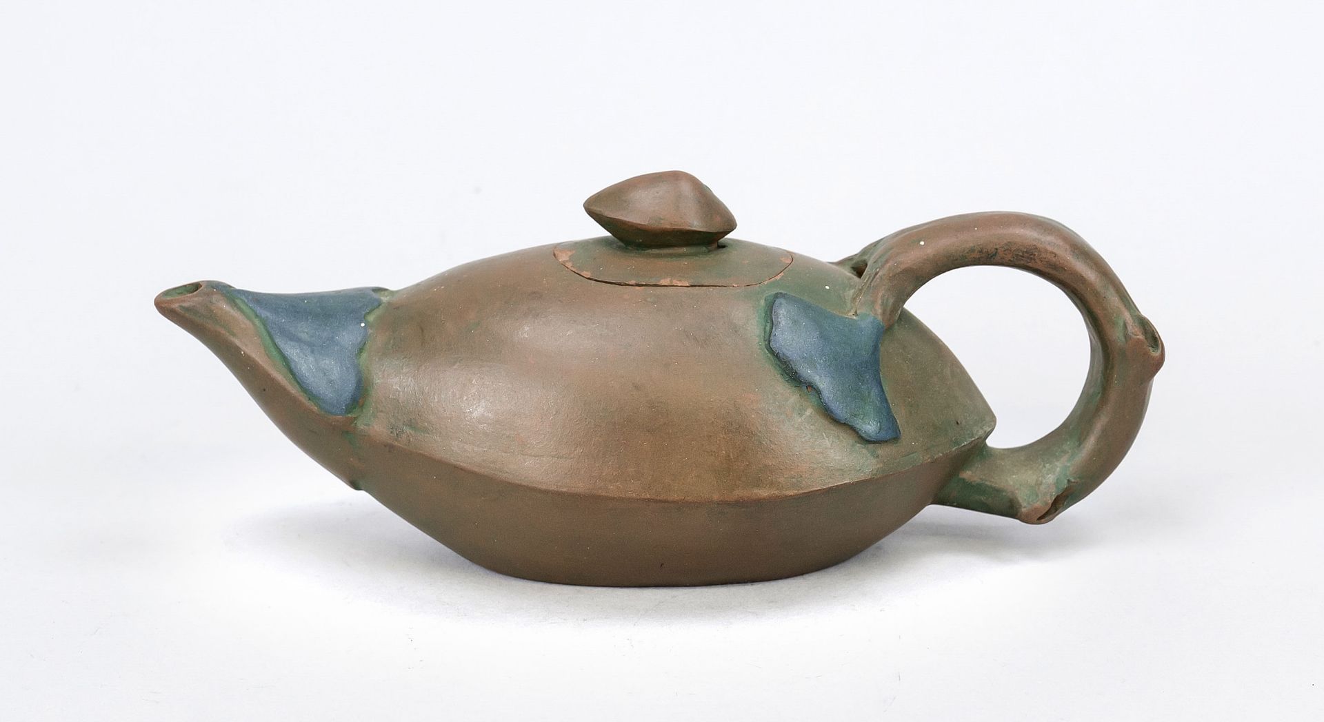 Yixing teapot, China, 1st half 20th century, organically shaped with branch handle with ginkgo