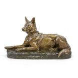 Louis Riché (1877-1949), French sculptor, lying shepherd dog, brown patinated bronze on terrain