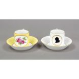Two cups with saucer, KPM Berlin, marks 1962-92, cylindrical form with square handle, medallion to