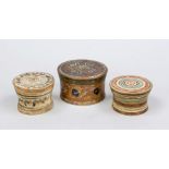3 round wooden boxes, 19th century, finely turned with screw lid, polychrome painted with