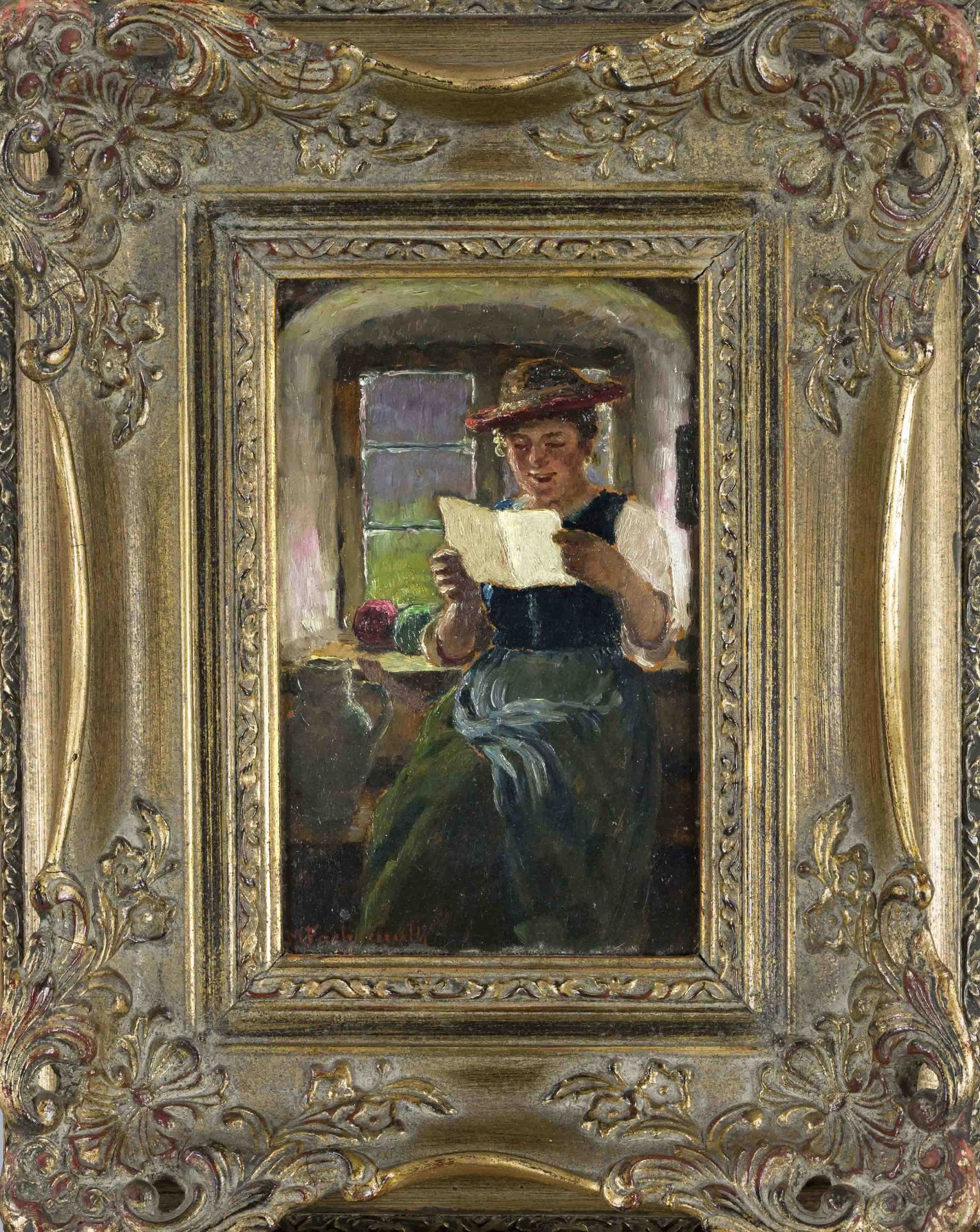 Maximilian Wachsmuth (1859-1912), Young woman in Bavarian costume reading a letter, oil study on