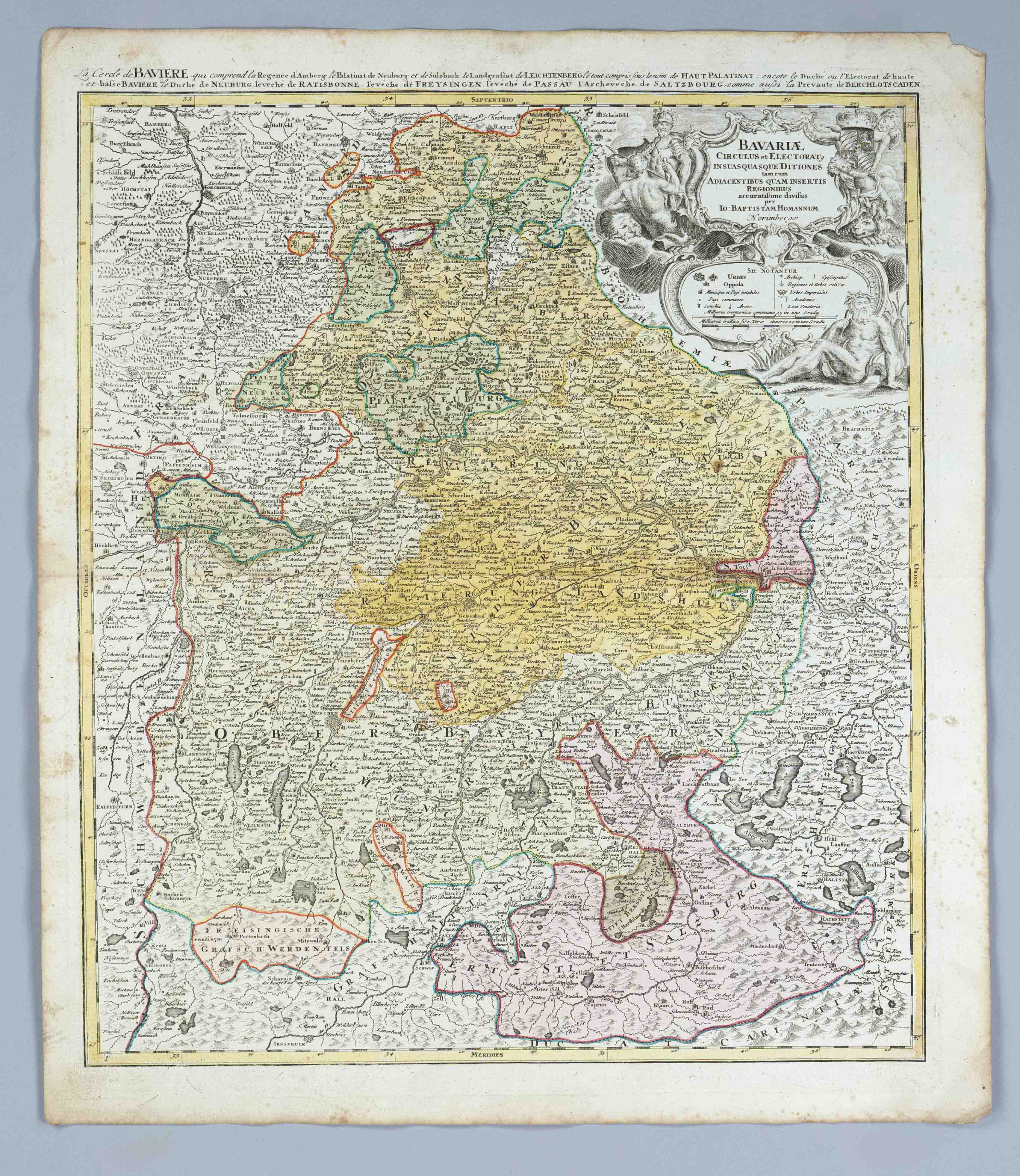 Historical map of Bavaria, ''Bavariae Circulus et Electoratus'', partly col. Copper engraved map