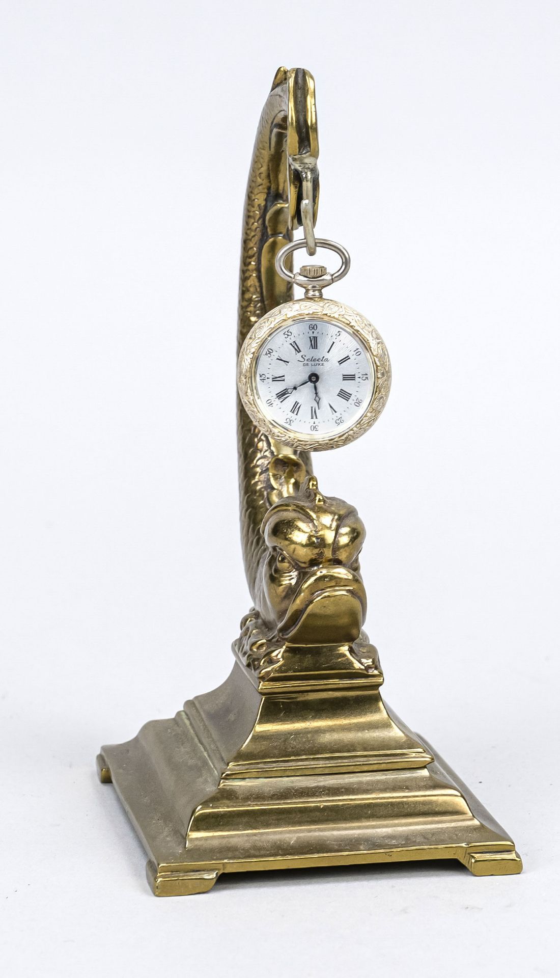 Brass pocket watch stand in the shape of a fish, with a silver-plated pocket watch, h. 17cm