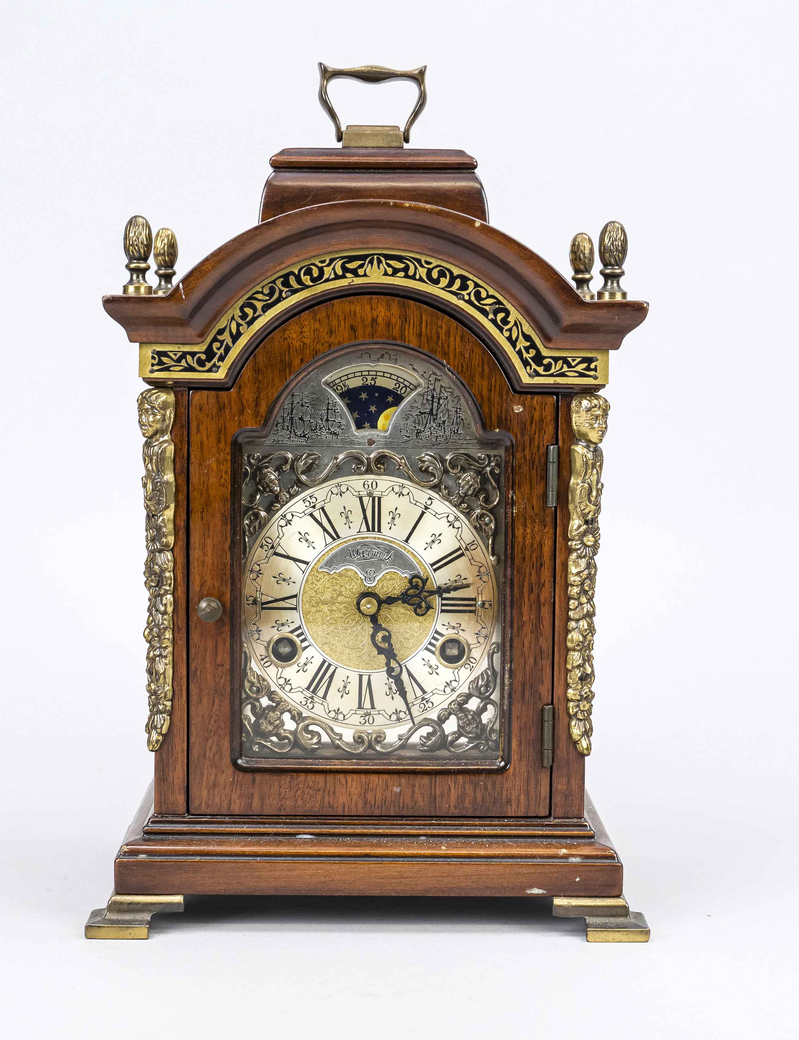 Table clock, 2nd half 20th century, marked Warmink, mahogany, florally engraved brass dial with