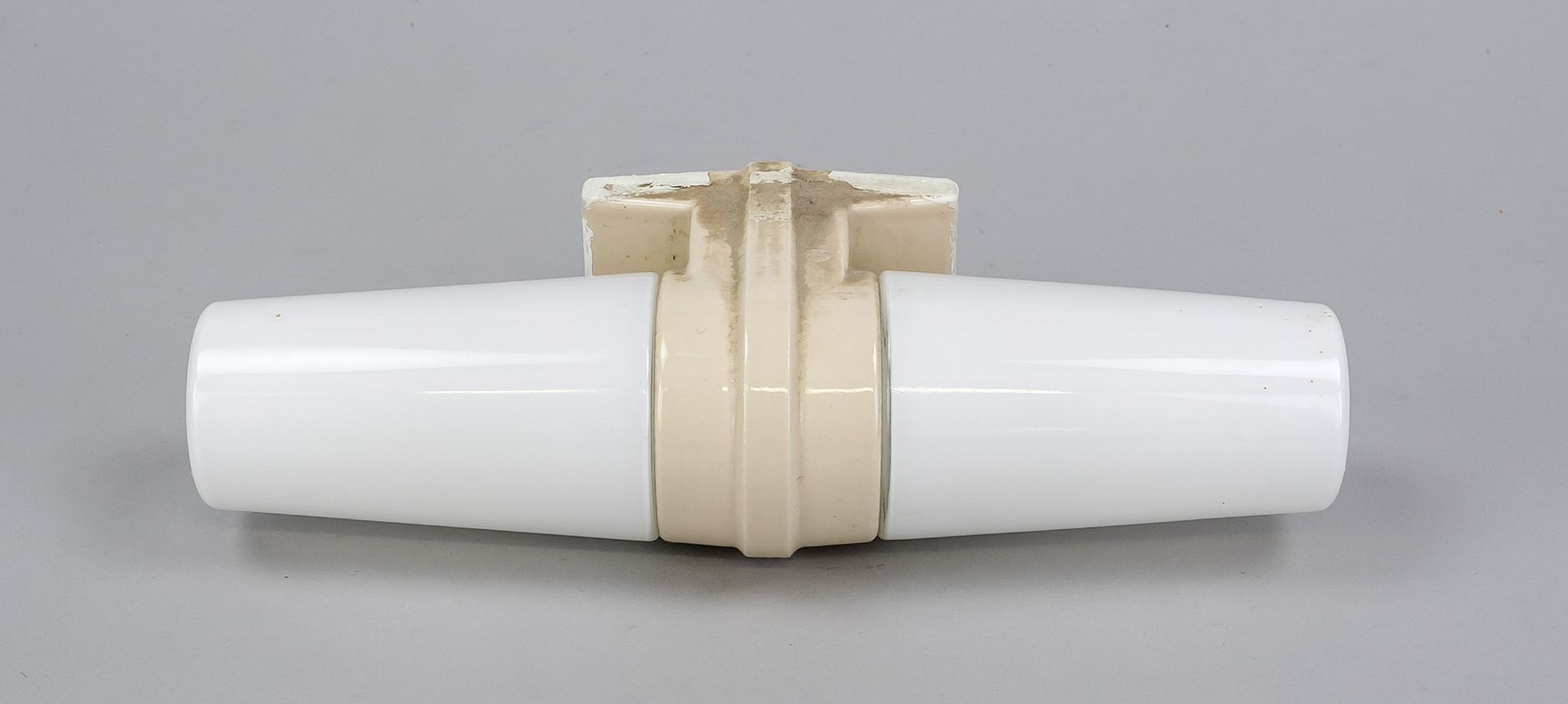Bauhaus wall lamp, mid-20th century, ceramic and glass, design after Wagenfeld, two white frosted