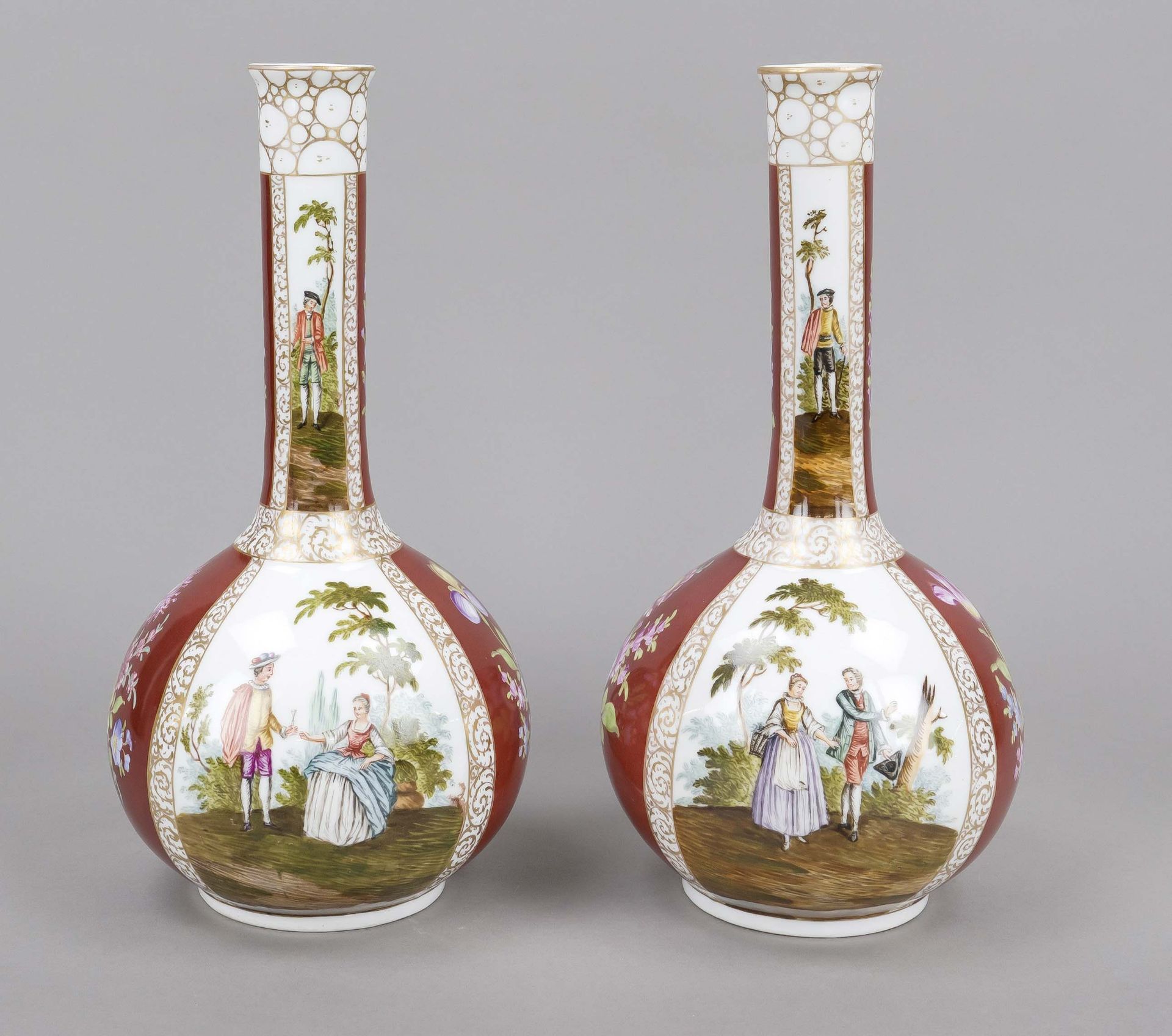 Pair of bottle vases, Köppelsdorf, Thuringia, c. 1920-40, polychrome painting, gallant scenes