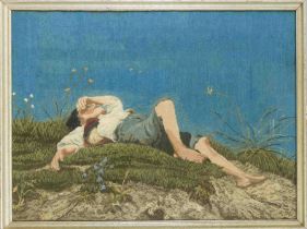 Embroidered picture, mid 20th century, boy in a meadow looking up at the sky. Framed behind glass,