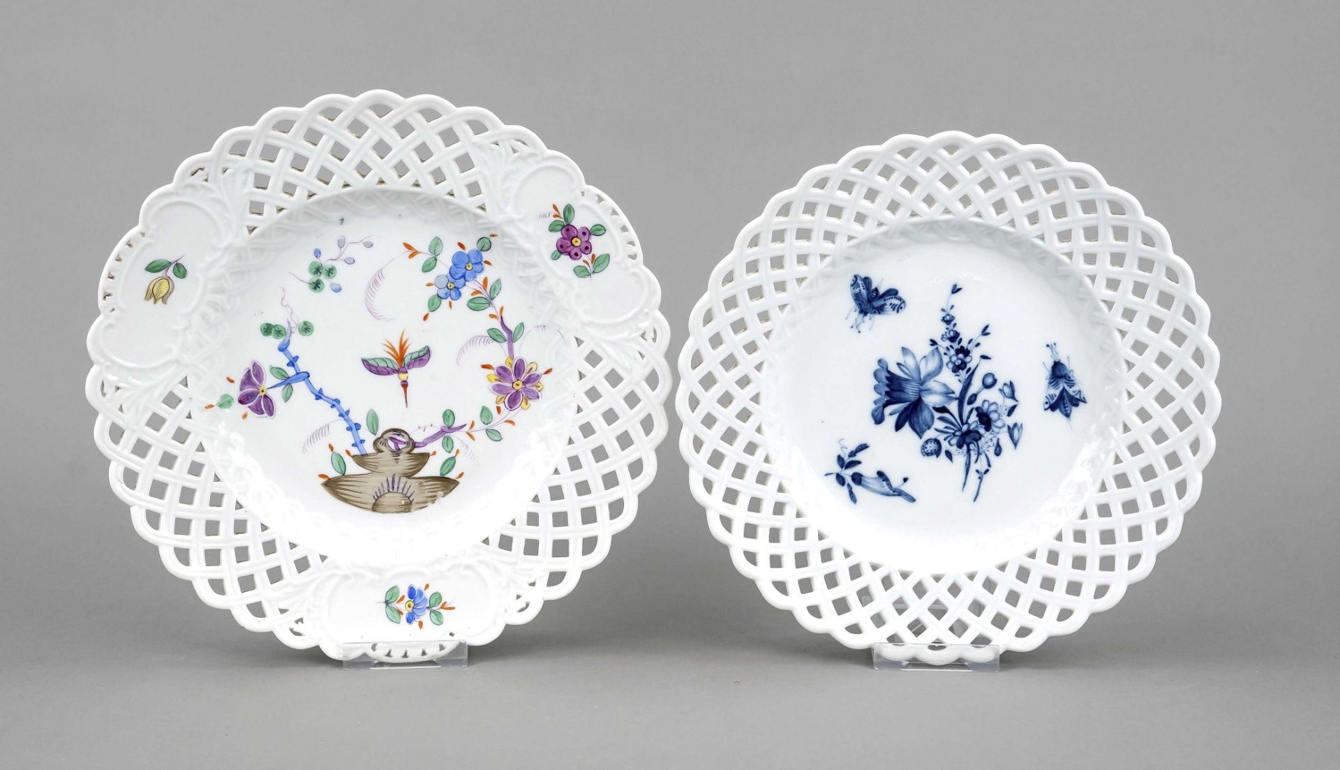 Two pierced plates, Meissen, Marcolini mark 1774-1817, 1st choice, 1x mirror with underglaze blue