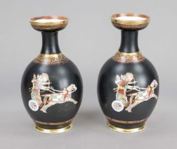 Pair of amphora vases, 20th century, polychrome painted all around with antique-style horsemen on