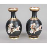 Pair of amphora vases, 20th century, polychrome painted all around with antique-style horsemen on