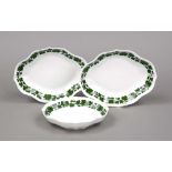 Three bowls, Meissen, 20th century, 1st choice, oval form with curved rim, decorated with vine