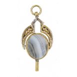 antique pocket watch key GG 10ct. (400), with jasper and agate, 19th century, length 4.5cm, total