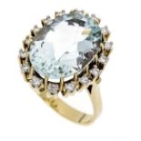 Aquamarine diamond ring GG 585/000 with a very good oval faceted aquamarine 11.40 ct in a fine