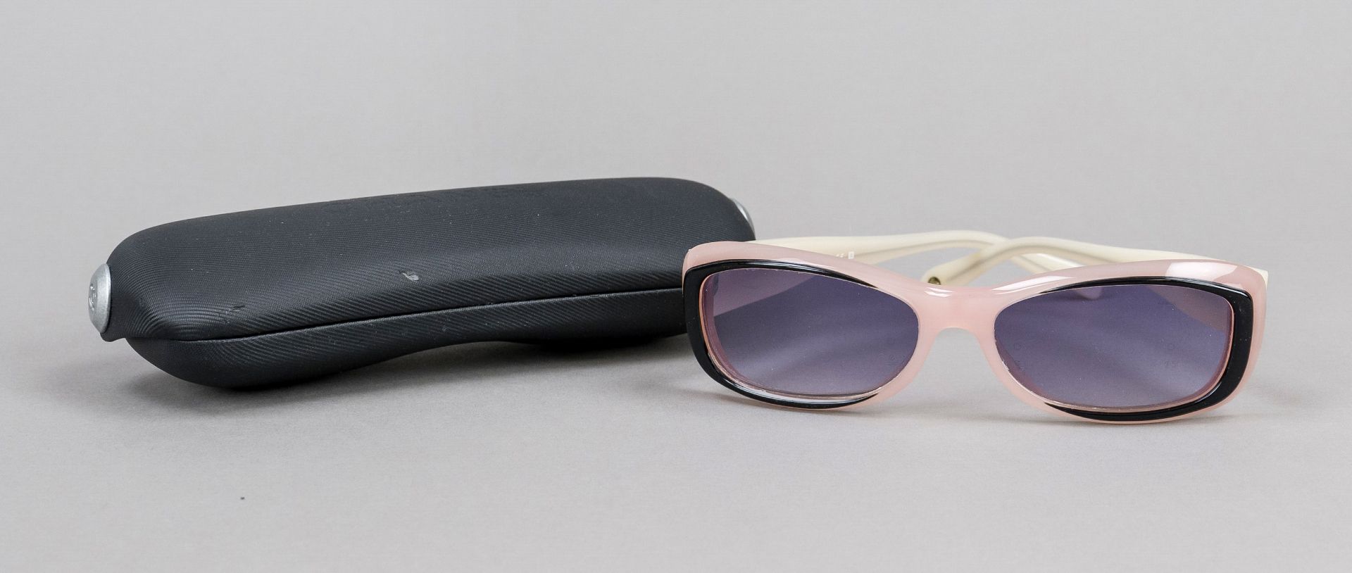 Chanel, sunglasses, powder-coloured plastic frame with black accents, violet tinted lenses with