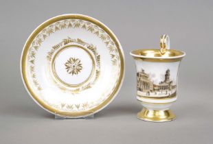 A Berlin view cup and saucer, KPM Berlin, marks 1830-40, 1st choice, bell-shaped with beaded rosette