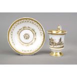 A Berlin view cup and saucer, KPM Berlin, marks 1830-40, 1st choice, bell-shaped with beaded rosette