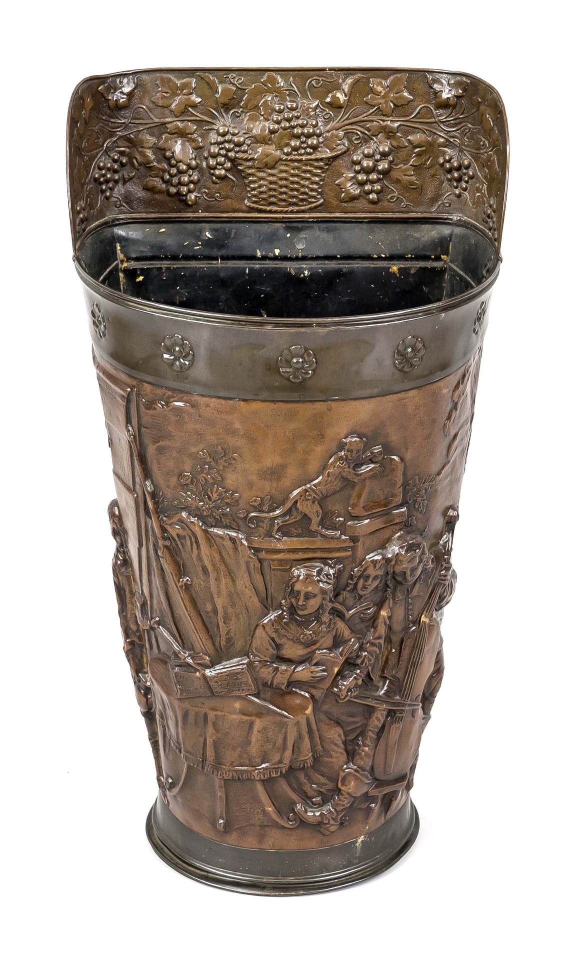 Umbrella stand, Dutch, late 19th century, sheet copper with embossed decoration of a bourgeois