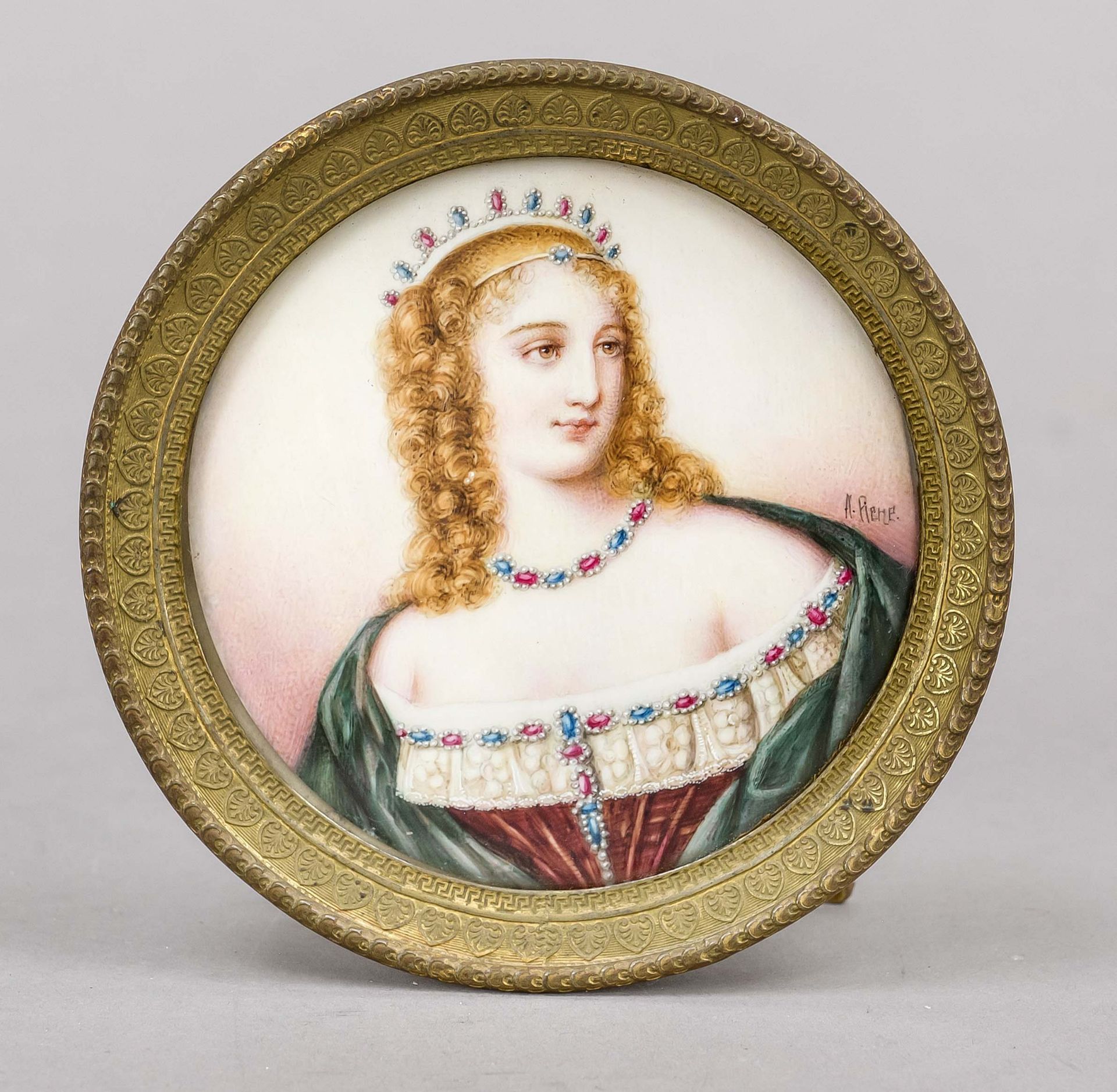 Miniature, 19th century, polychrome tempera painting on bone plate, unopened, round bust portrait of