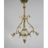 Ceiling lamp, late 19th century Three-pass brass/bronze frame with openwork wreath and partially