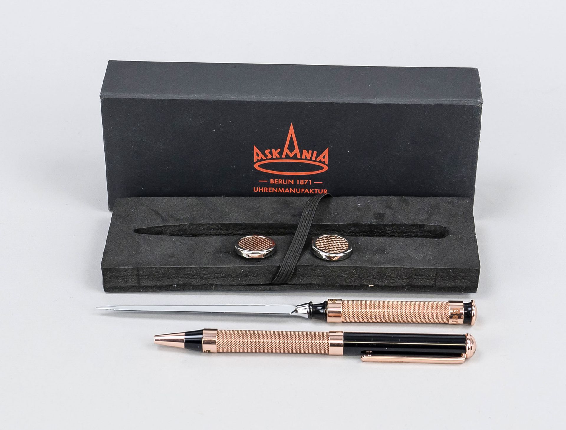 Gift set for men by ASKANIA, Berlin watch manufacturer, set of a pair of cufflinks, letter opener