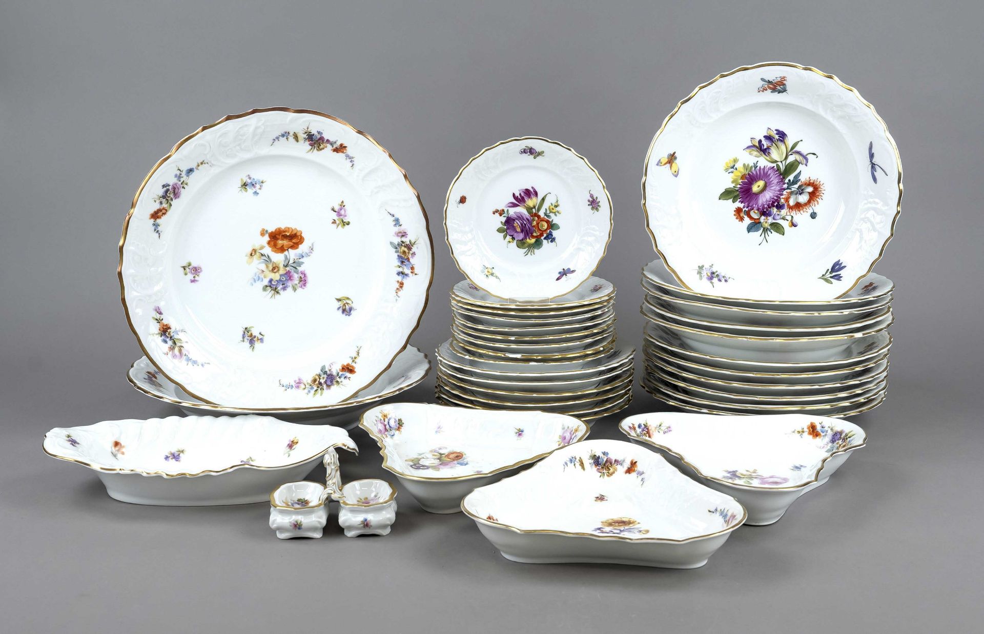 Large remaining set, 81 pieces, Fraureuth, Saxony, 1920s, Rococo form, polychrome floral decoration,