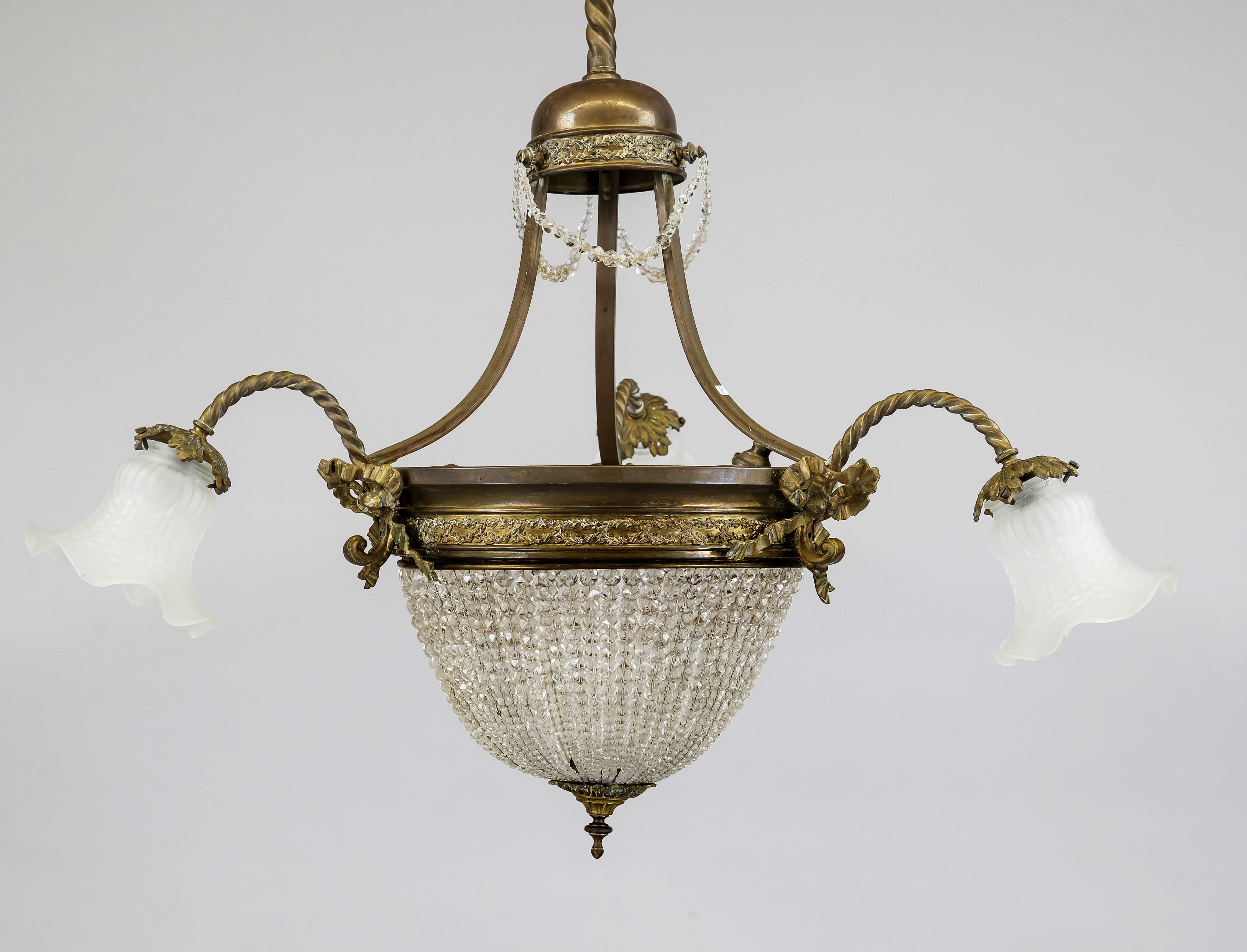 Ceiling lamp, late 19th century Ornamented mesing wreath on a tripod frame. 3 curved chandelier arms - Image 2 of 2