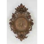 Wall clock, carved oak, 2nd half 19th century, with floral motifs, applied brass Roman numerals