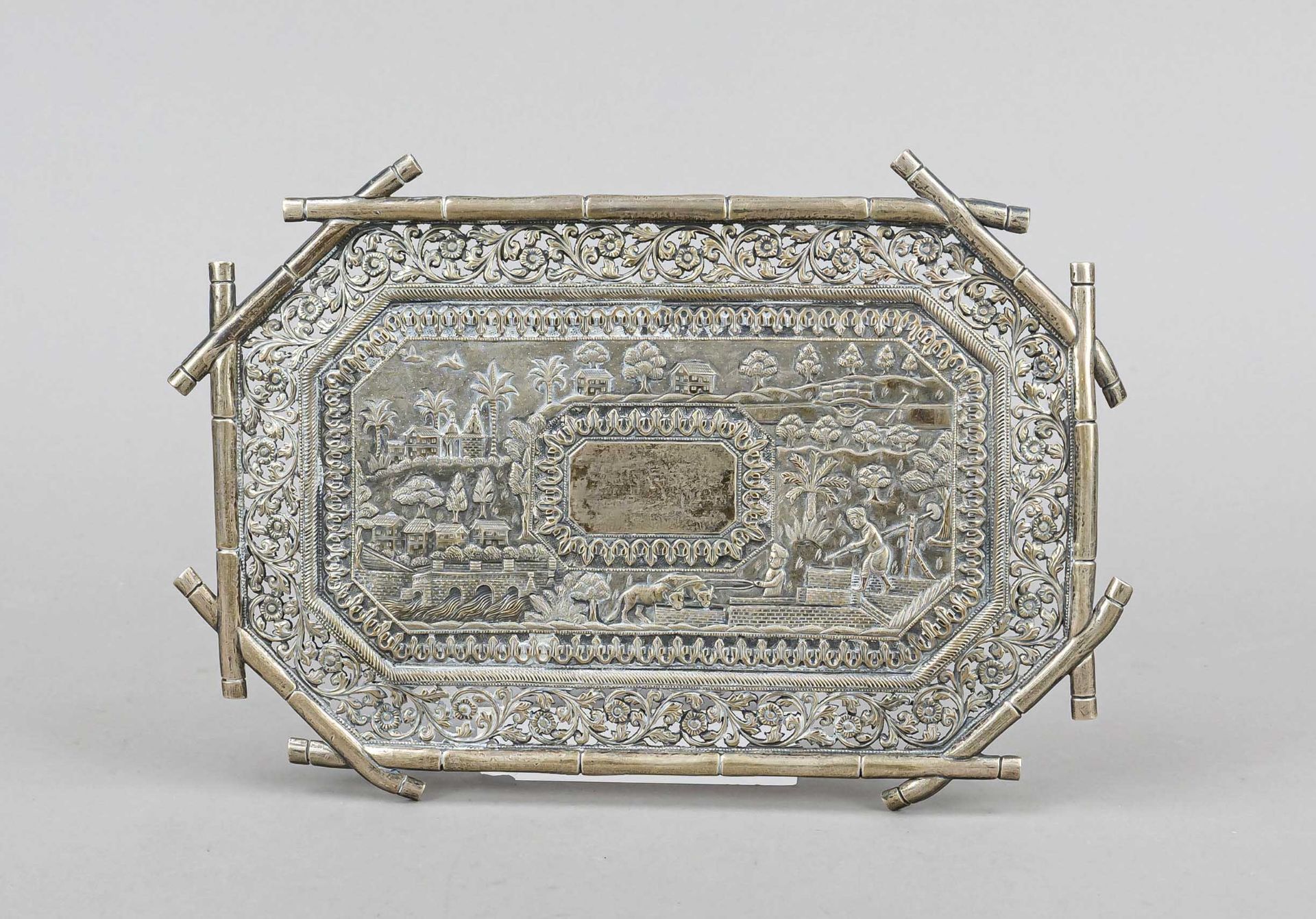 Tray, East Asia (?), 20th century, silver tested, on 4 ball feet, rectangular form with flattened