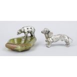 Two small bronzes, mid-20th century, dachshund and polar bear on a small onyx marble bowl, each