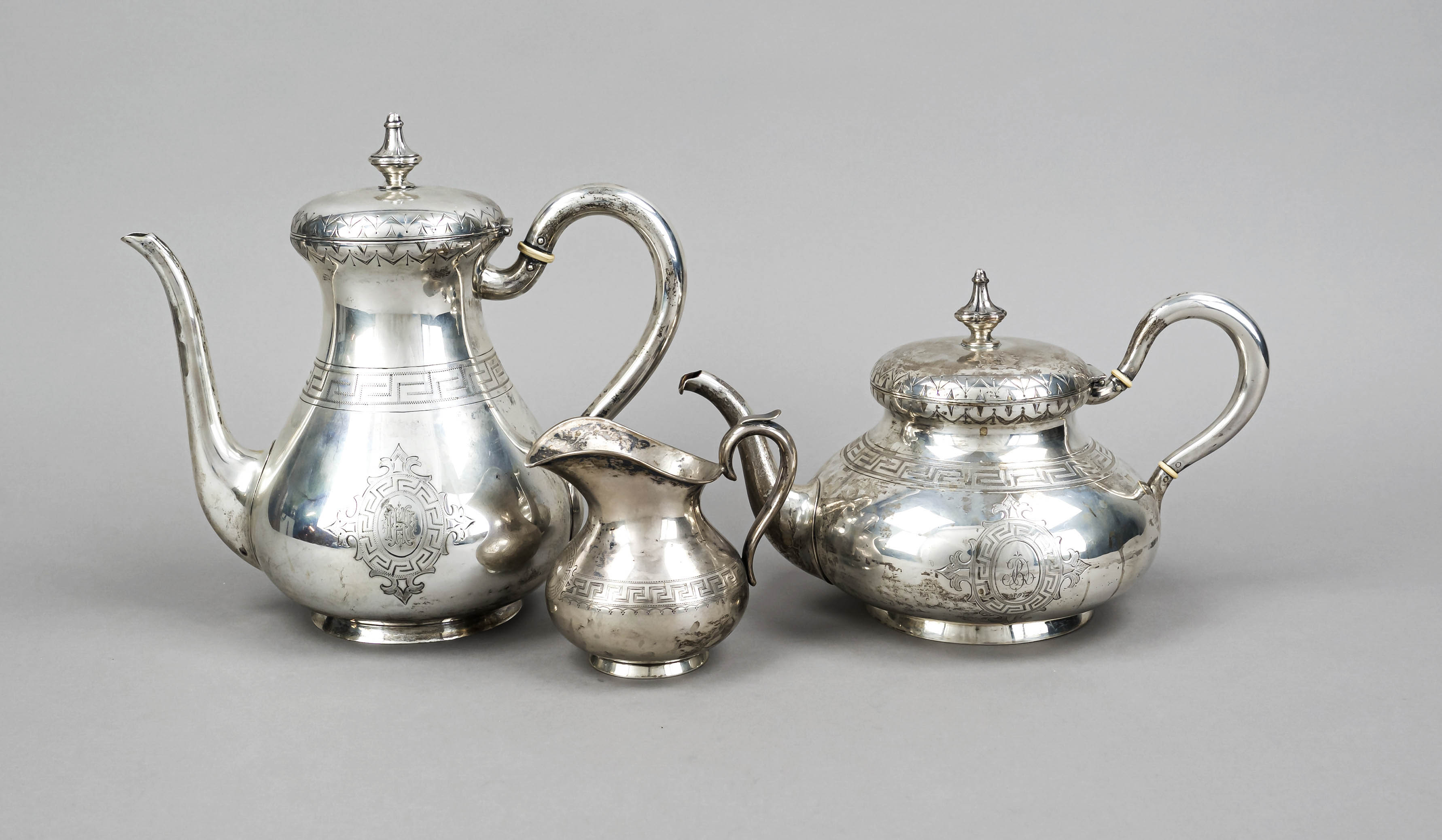 Tea and coffee pot, German, late 19th century, maker's mark 1x Koch & Bergfeld, Bremen, each with