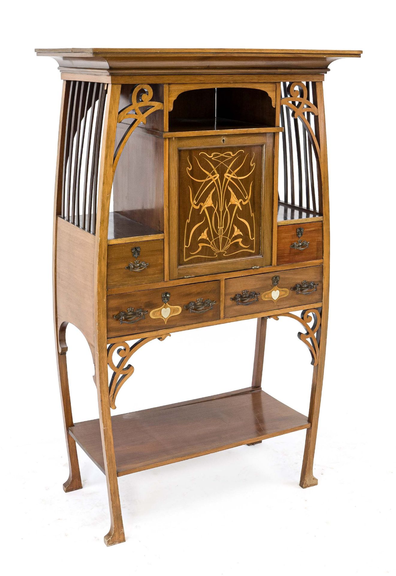 Art Nouveau ornamental cabinet, England, c. 1900, mahogany with floral inlays, curved frame with