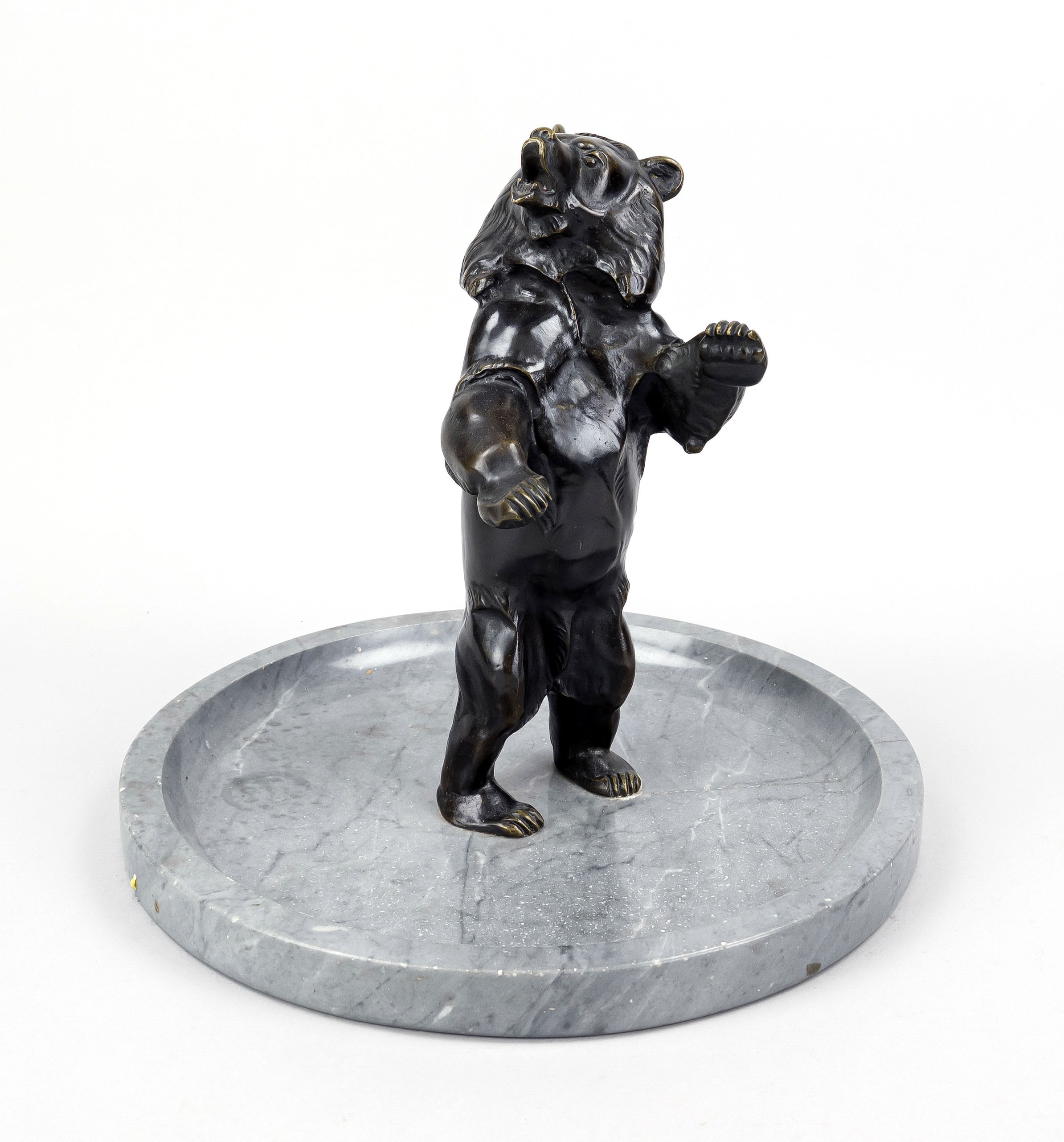 Anonymous sculptor, c. 1920, standing bear, dark patinated bronze in a shallow gray marble bowl,