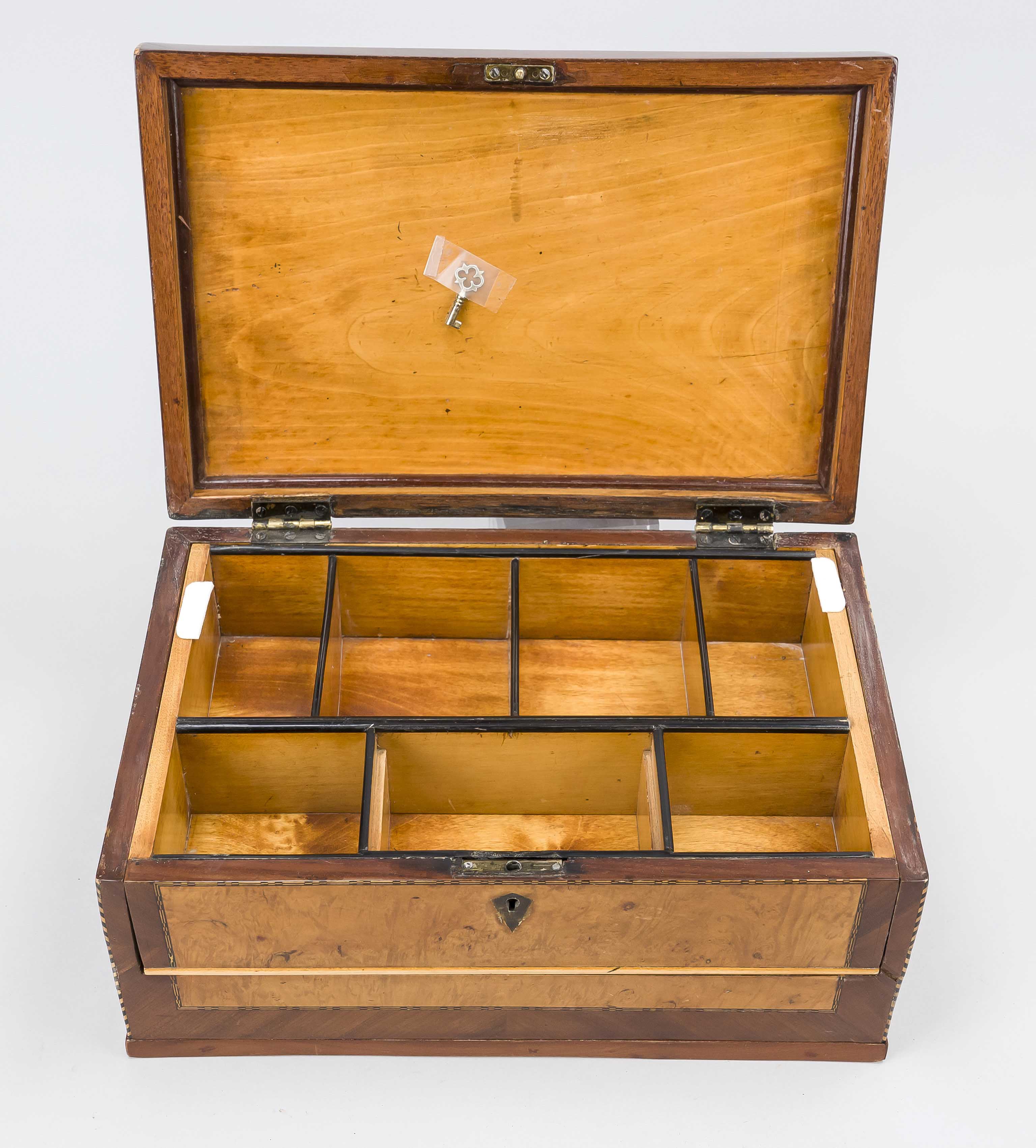 Wooden box with drawer, 19th century, birch body, veneered on all sides with bird's-eye maple and - Image 2 of 2
