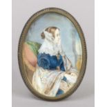 Miniature, 19th century, polychrome tempera painting on bone plate, unopened, oval portrait of a