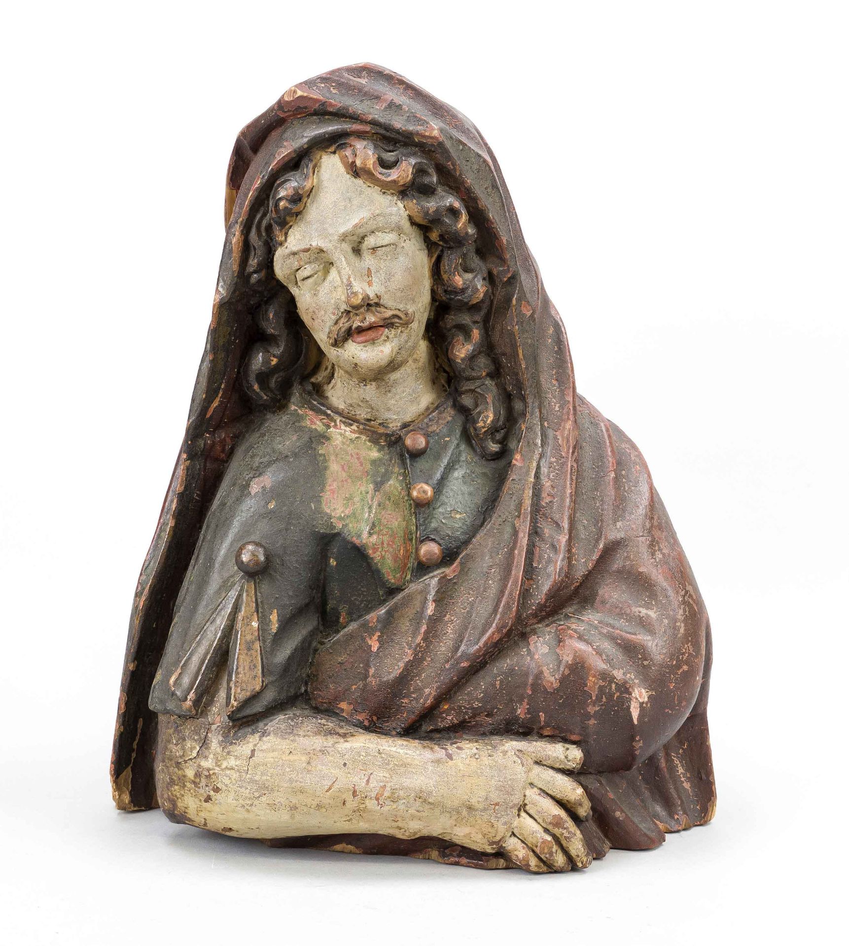 18th century sculptor, bust of a man with long hair and cape, plychrome painted wooden sculpture,