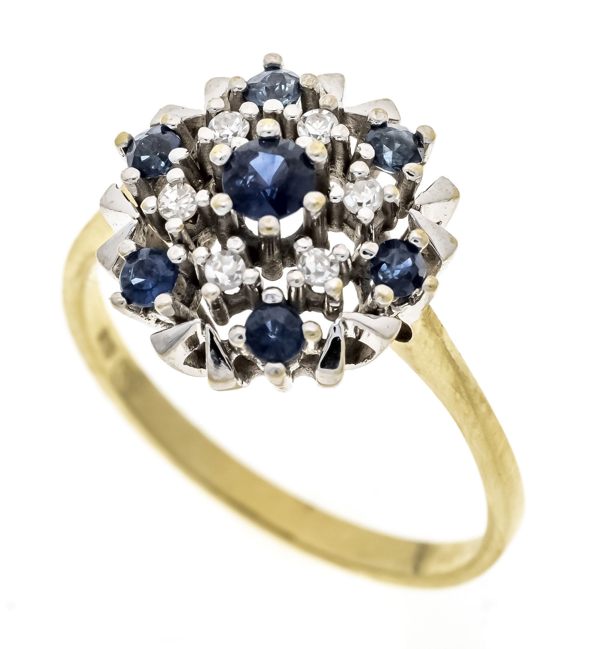 Sapphire diamond ring GG/WG 585/000 with 7 round faceted sapphires 3 - 2 mm and 6 octagonal