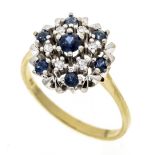 Sapphire diamond ring GG/WG 585/000 with 7 round faceted sapphires 3 - 2 mm and 6 octagonal