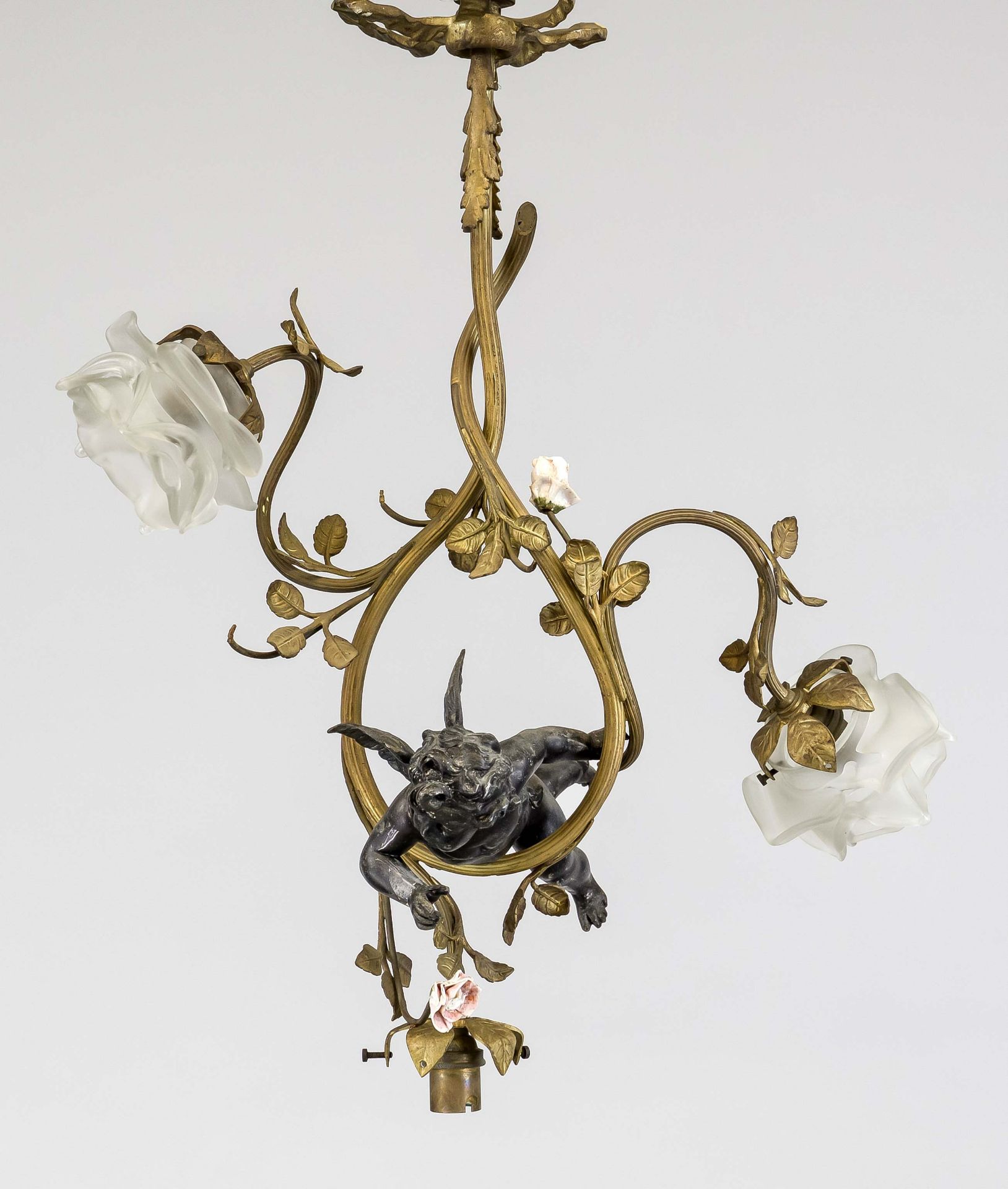 Ceiling lamp, late 19th century, floating putto surrounded by shrubs and leaves, 2 of 3 sockets with