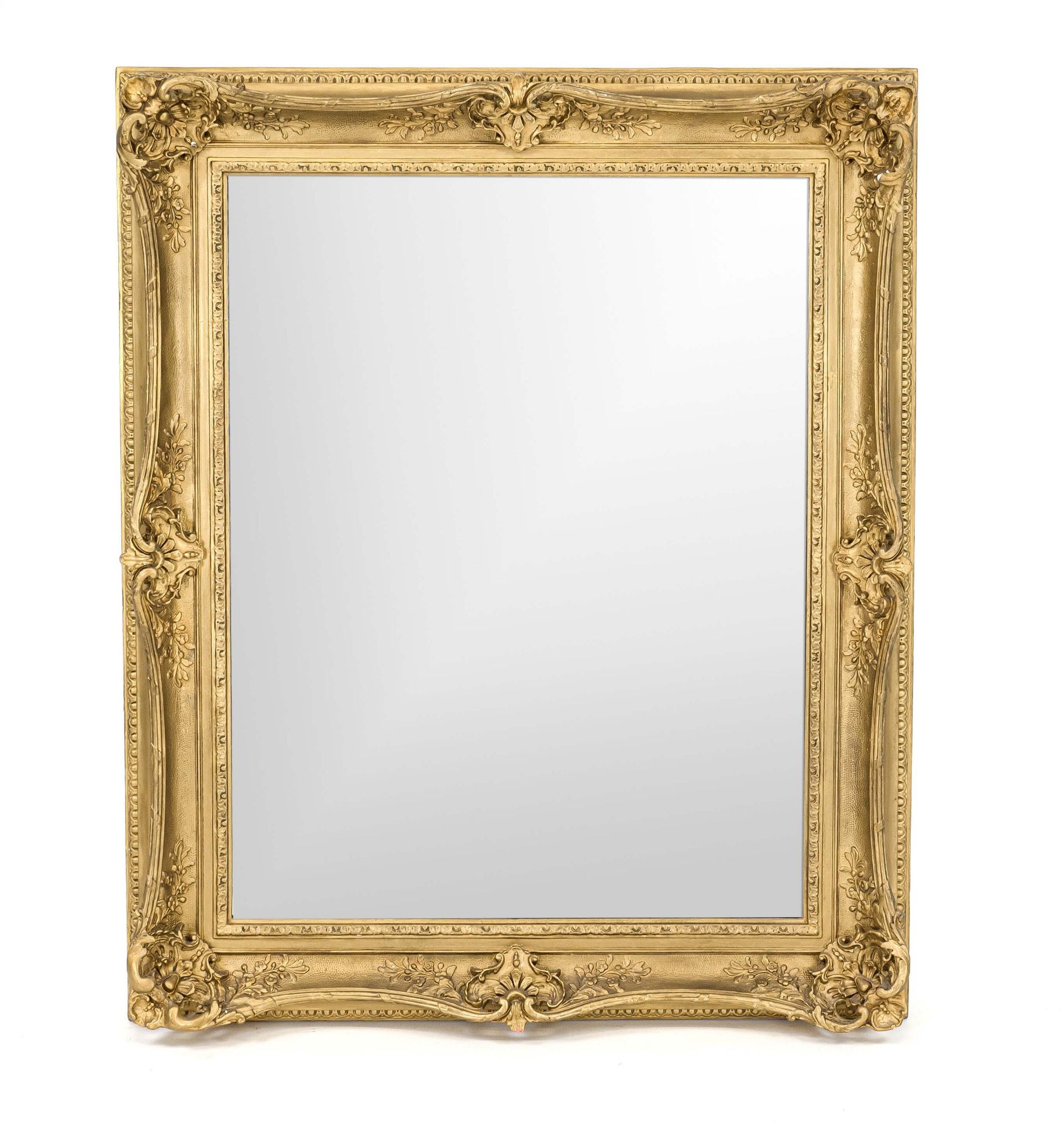 Wall mirror around 1900, stuccoed gold-bronzed wooden frame, 110 x 88 cm