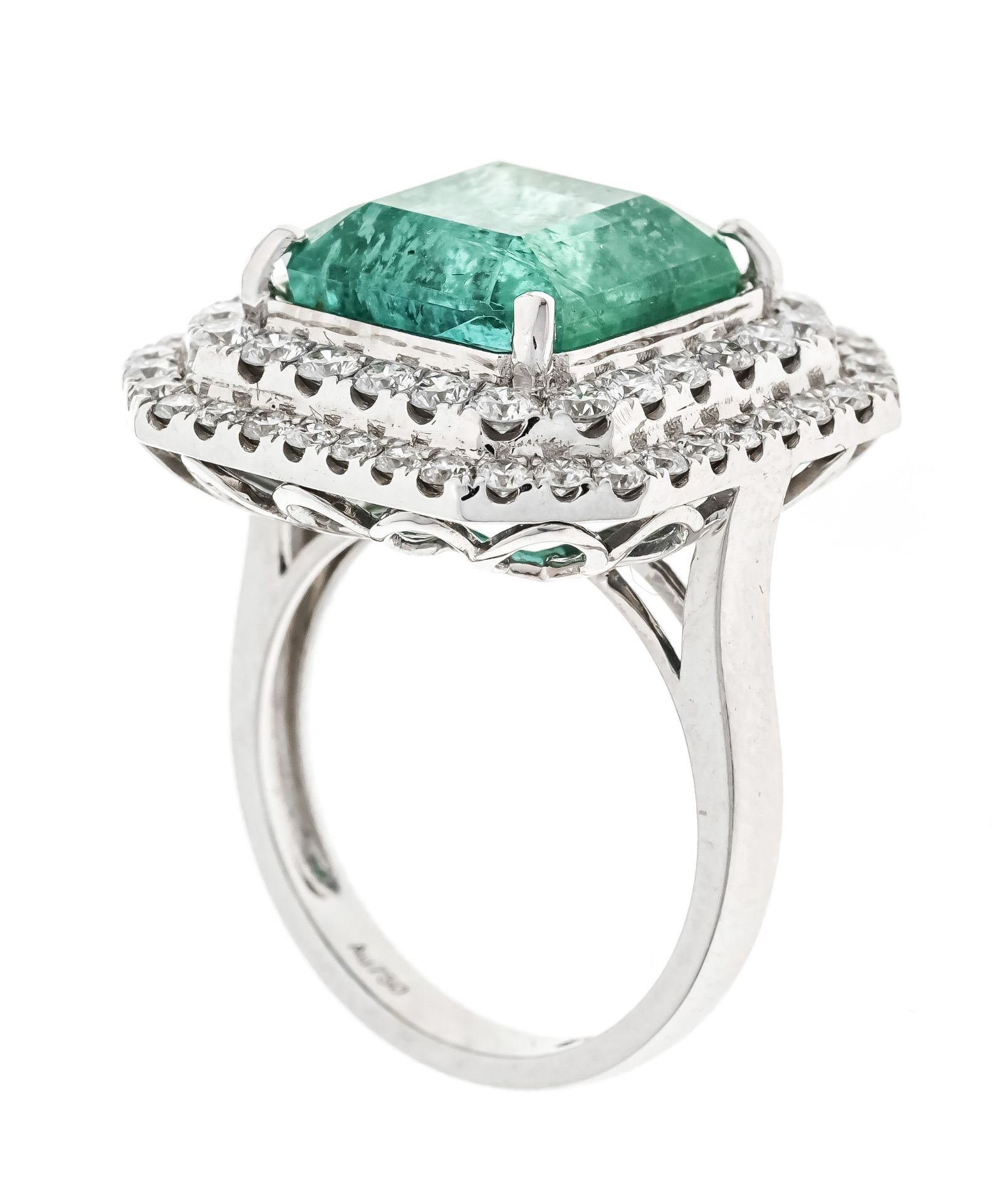 Emerald-brilliant ring WG 750/000 with a fine emerald cut faceted emerald 9.56 ct in a luminous - Image 3 of 3