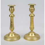 Pair of candlesticks, c. 1800, brass/bronze-gilt, round base, fluted shaft (1 x burnt and restored),