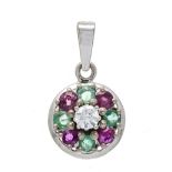 Multicolor pendant WG 585/000 unmarked, tested, each with 4 round faceted rubies and emeralds 3 mm