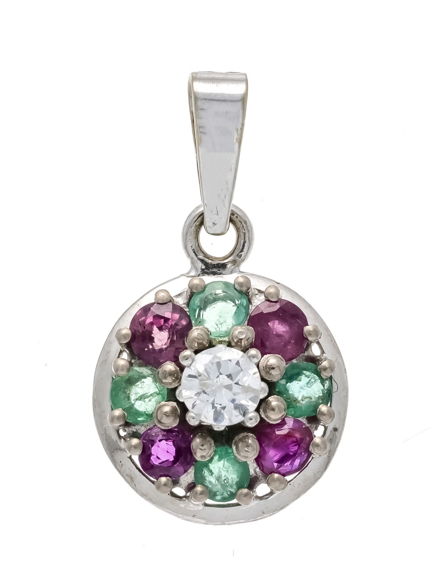 Multicolor pendant WG 585/000 unmarked, tested, each with 4 round faceted rubies and emeralds 3 mm