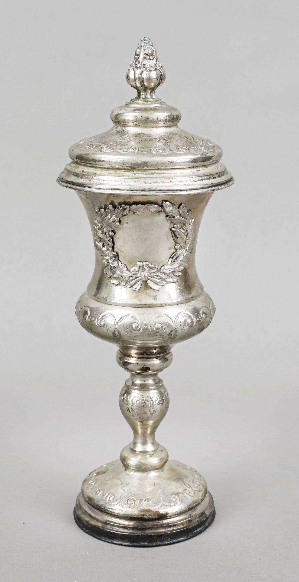Lidded goblet, c. 1900, silver tested, round domed and filled stand, baluster shaft, domed dome in