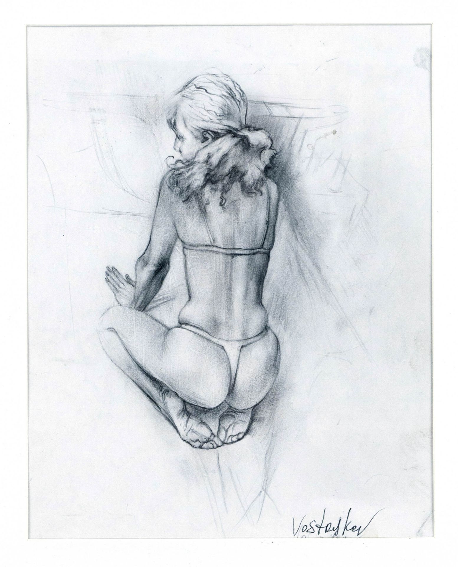 Vasyl Vostryakov (*1962), contemporary Ukrainian sculptor and painter, two erotic drawings: kneeling - Image 2 of 2
