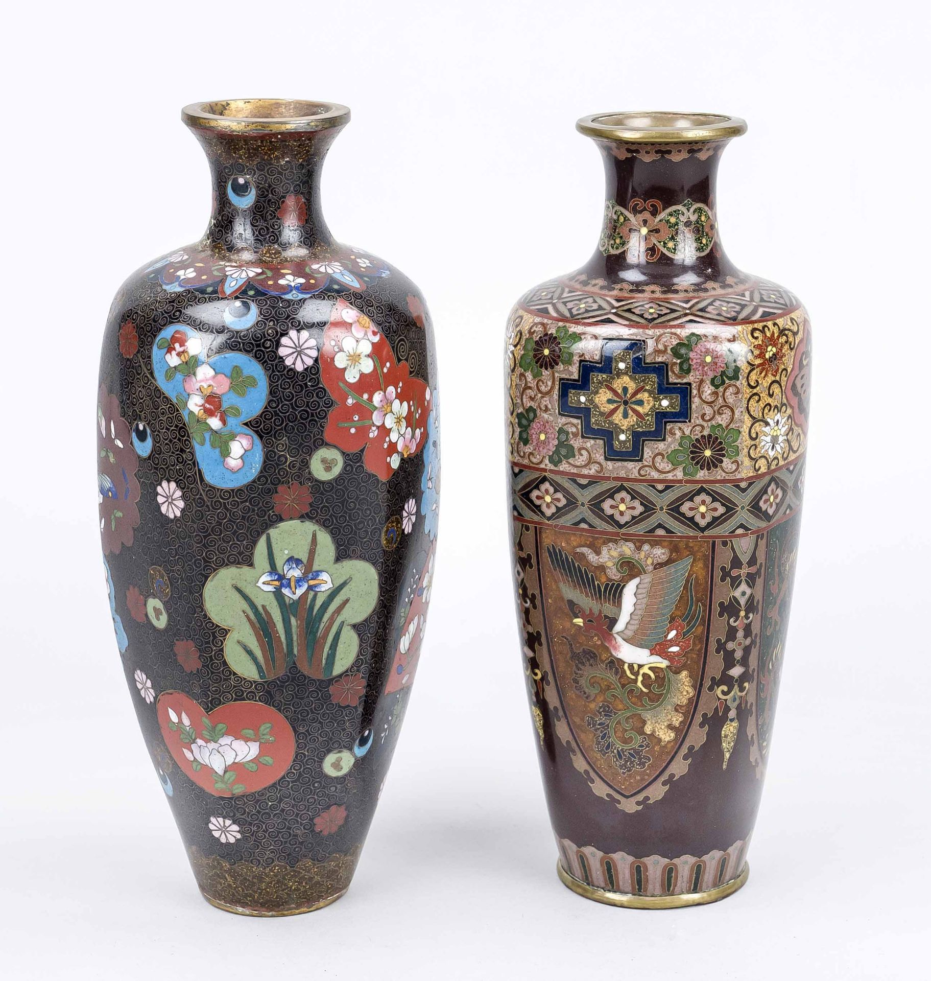 Two cloisonné vases, Japan c. 1900 (Meiji). Both faceted, rubbed and slightly chipped, h. up to 25