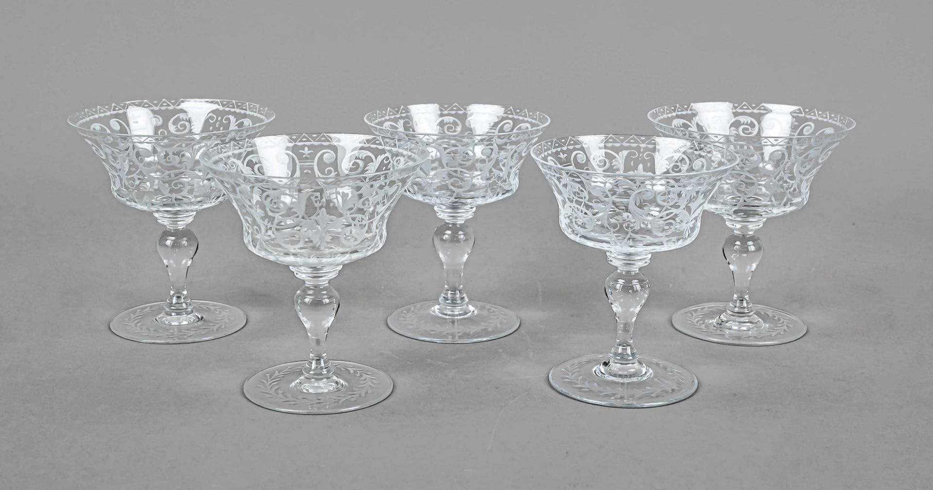 Five champagne glasses, Austria, 1st half 20th century, J. & L. Lobmeyr, Vienna, from the Baroque