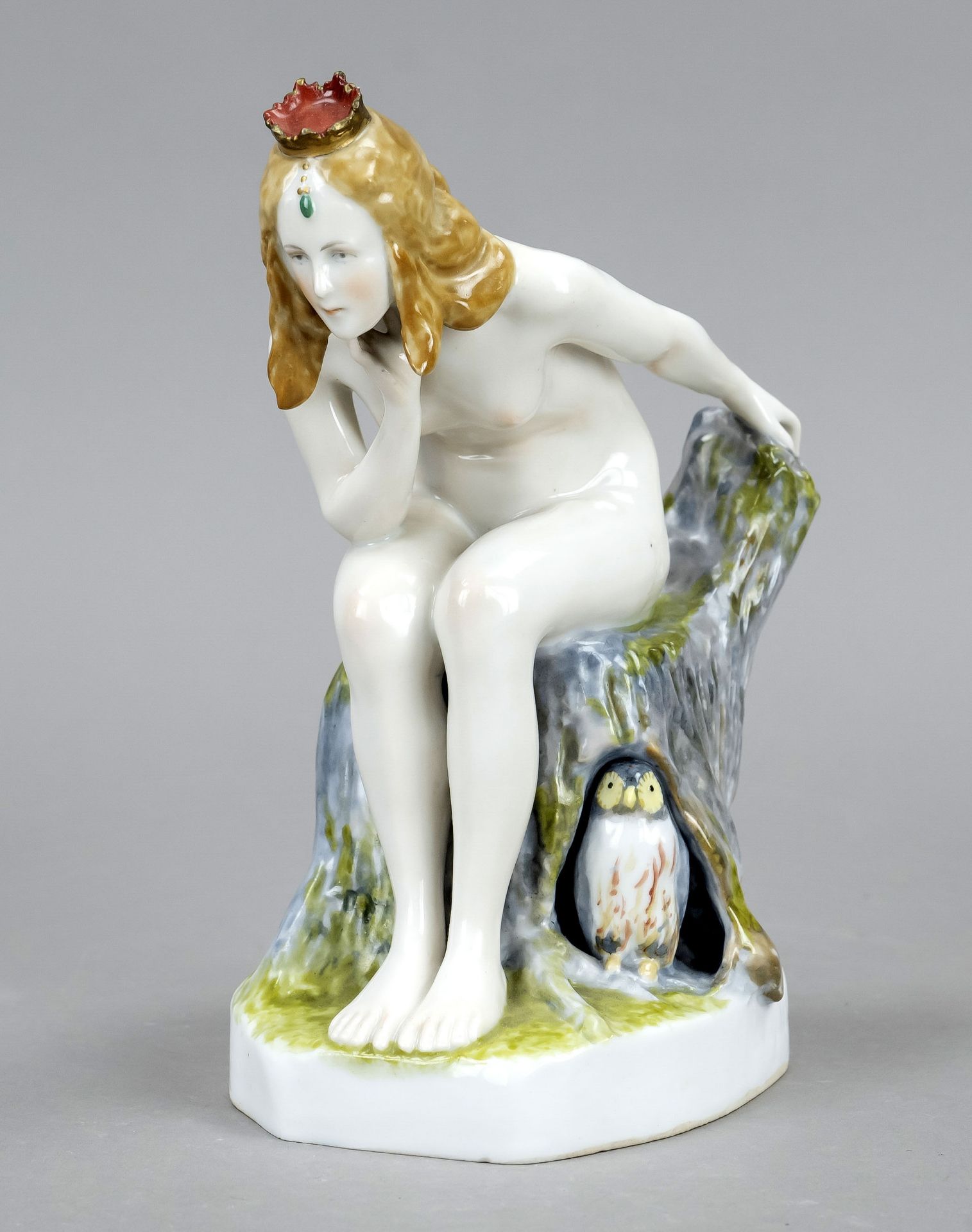 Rare Art Nouveau figure, Karl Ens, Volkstedt, mill mark after 1919, naked princess, sitting on a