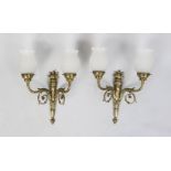 Pair of wall lamps, 20th century, brass. Wall part as a torch, 2 curved chandelier arms overlaid